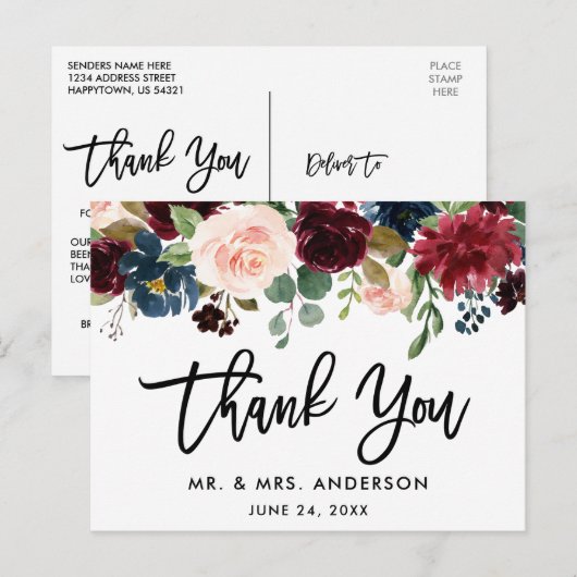 Borstel Script Bourgogne Blauw Bloemen bruiloft Be Briefkaart (Voorkant / Achterkant)