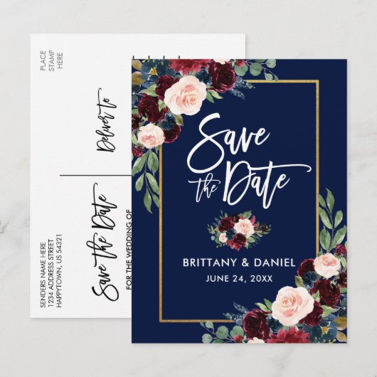 Borstel Script Bourgogne Blauwe Bloemen Bewaar de  Aankondigingskaart (Voorkant / Achterkant)