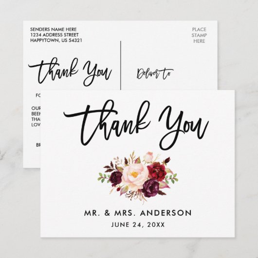 Borstel Script Bourgondische bruiloft Bloemen Dank Briefkaart (Voorkant / Achterkant)