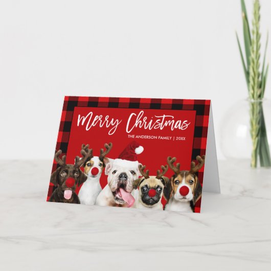 Borstel Script Christmas Dogs Rood Plaid Gevouwen Feestdagen Kaart (Voorkant)