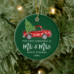 Borstel Script Eerste Kerst  Truck Groen Keramisch Ornament