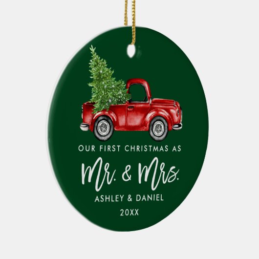 Borstel Script Eerste Kerst  Truck Groen Keramisch Ornament (Rechts)