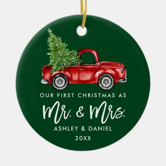 Borstel Script Eerste Kerst  Truck Groen Keramisch Ornament (Voorkant)