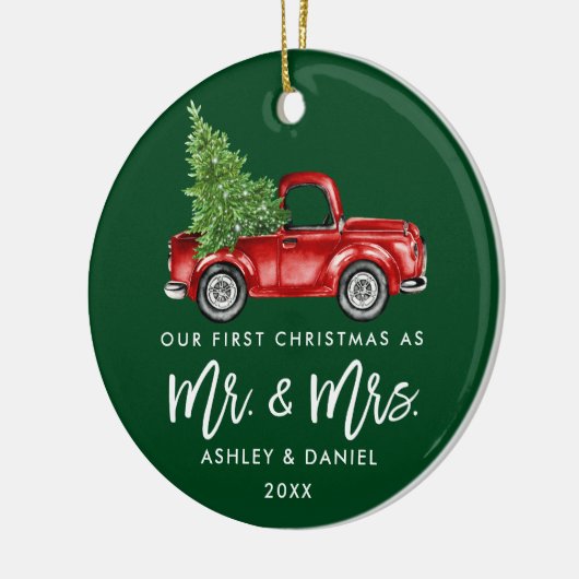 Borstel Script Eerste Kerst  Truck Groen Keramisch Ornament (Links)