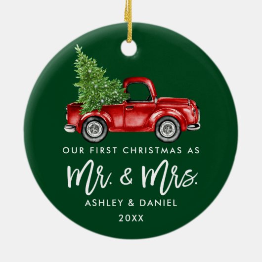 Borstel Script Eerste Kerst  Truck Groen Keramisch Ornament (Achterkant)