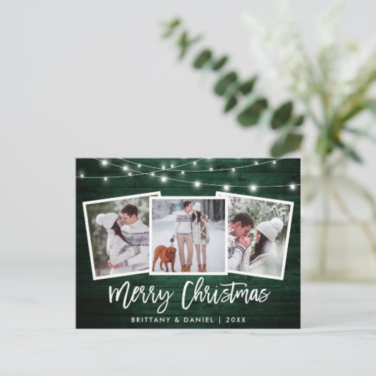 Borstel Script Green Wood Licht 3 Kerstmis foto Briefkaart (Staand voorkant)