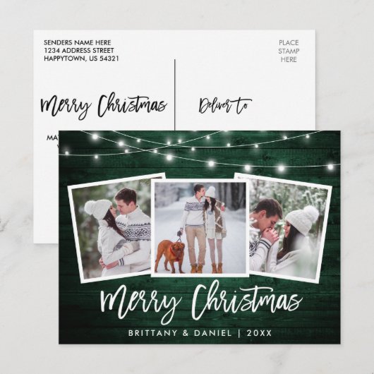 Borstel Script Green Wood Licht 3 Kerstmis foto Briefkaart (Voorkant / Achterkant)