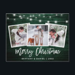 Borstel Script Green Wood Licht 3 Kerstmis foto Briefkaart<br><div class="desc">Rustic Green Wood Brush Script 3 Foto Merry Kerstcard met String Lights</div>