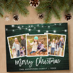 Borstel Script Green Wood Licht 3 Kerstmis foto Briefkaart<br><div class="desc">Rustic Green Wood Brush Script 3 Fotoserie Merry-kerstkaart met String Lights</div>