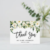 Borstel Script Groen Wit Bloemen bruiloft Dank u Briefkaart (Staand voorkant)