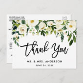 Borstel Script Groen Wit Bloemen bruiloft Dank u Briefkaart (Voorkant / Achterkant)