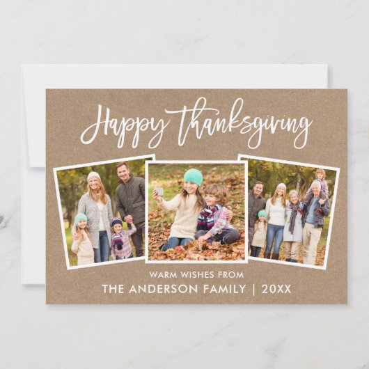 Borstel Script Happy Thanksgiving Kraft 3 Foto Feestdagenkaart (Voorkant)