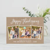 Borstel Script Happy Thanksgiving Kraft 3 Foto Feestdagenkaart (Staand voorkant)
