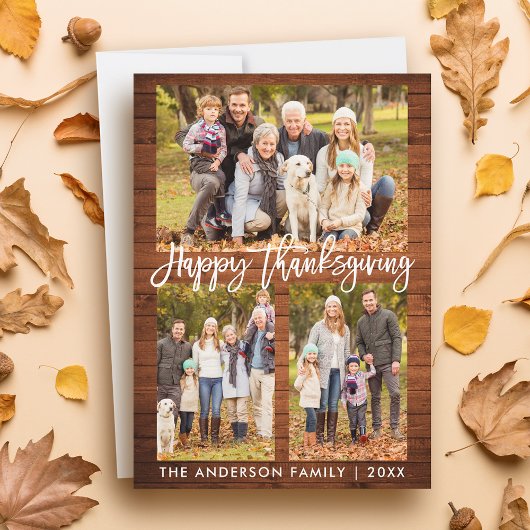 Borstel Script Happy Thanksgiving Wood 3 foto's Feestdagenkaart