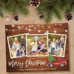 Borstel Script Houten Lichten Vrachtwagen 3 Foto K Briefkaart<br><div class="desc">Rustieke Wood Brush Script 3 Photo Family Merry Christmas Kaart met String Lights - Waterverf  Red Truck met kerstboom</div>