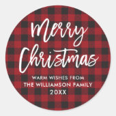 Borstel Script Kerst Rood geruite envelop afdichti Ronde Sticker (Voorkant)