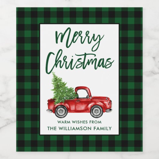Borstel Script Kerst Truck Groen Plaid Wijn Etiket (Enkel label)