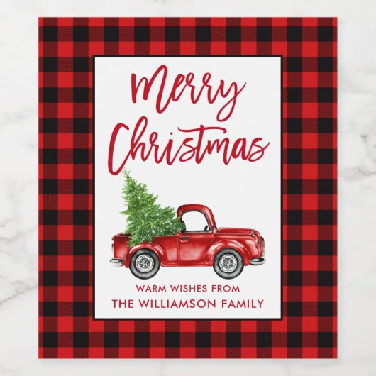 Borstel Script Kerst  Truck Rood Plaid Wijn Etiket (Enkel label)
