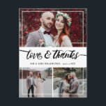 Borstel Script Liefde & Bedankt Bruiloft Collage Aankondigingskaart<br><div class="desc">Zeg dank u aan uw huwelijksgast met deze mooie bedankpas waar u drie prachtige foto's van uw huwelijk kunt toevoegen. Liefde en bedankt is geschreven in een charmant penseelschrift. Voeg je namen en,  op de achterkant,  een persoonlijk bericht toe aan je gast.</div>