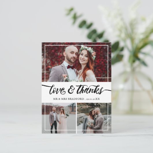 Borstel Script Liefde & Bedankt Bruiloft Collage Aankondigingskaart (Staand voorkant)