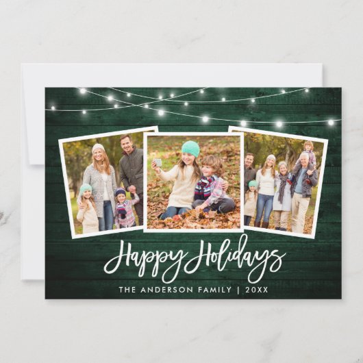 Borstel Script Lights Rustiek Groen Hout 3 Foto Feestdagenkaart (Voorkant)