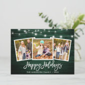 Borstel Script Lights Rustiek Groen Hout 3 Foto Feestdagenkaart (Staand voorkant)
