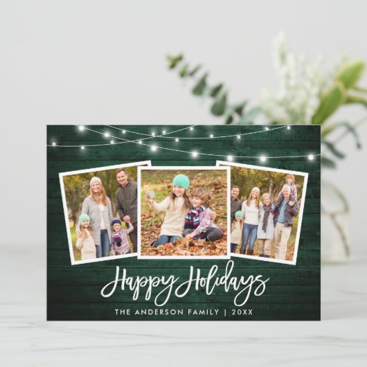 Borstel Script Lights Rustiek Groen Hout 3 Foto Feestdagenkaart (Staand voorkant)