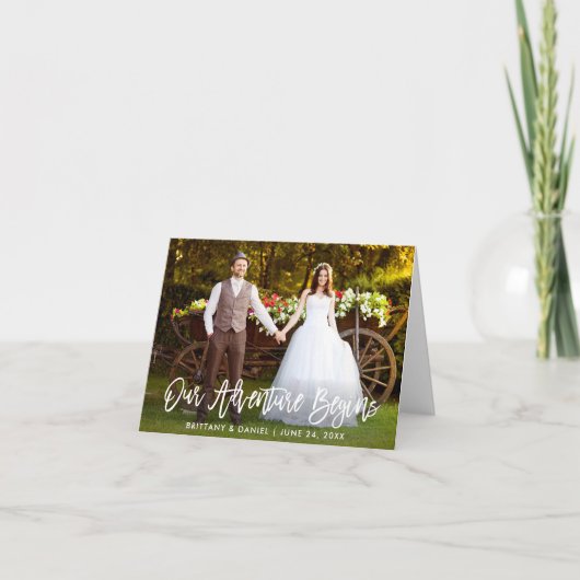 Borstel script Ons avontuur begint bruiloft notiti Bedankkaart (Voorkant)