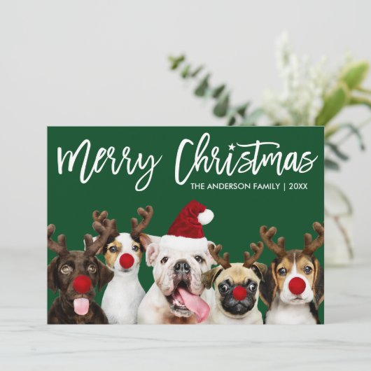 Borstel Script Star Merry Christmas Dogs Groen Feestdagenkaart (Staand voorkant)