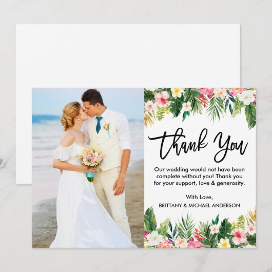 Borstel Script Tropische Bloemen Bruiloft Foto Bedankkaart (Voorkant / Achterkant)