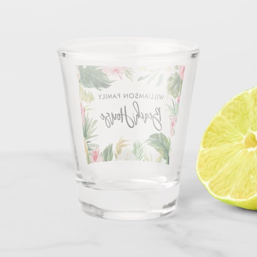 Borstel Script Tropische Bloemen Greenery Beach Ho Shot Glas (Achterkant)