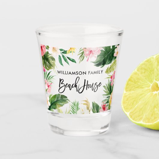 Borstel Script Tropische Bloemen Greenery Beach Ho Shot Glas (Voorkant)