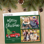 Borstel Script  Truck 2 foto Kerstmis Groen Briefkaart<br><div class="desc">Modern Brush Script Waterverf  Red Truck met kerstboom - Merry Christmas Family 2 Foto Groen Briefkaart</div>