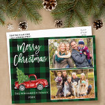 Borstel Script Truck 2 Foto Kerstmis Groen Plaid Briefkaart<br><div class="desc">Modern Brush Script Waterverf  Red Truck met kerstboom - Merry Christmas Family 2 Foto Groen geruite Briefkaart</div>