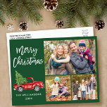 Borstel Script  Truck 3 Foto Kerstmis Groen Briefkaart<br><div class="desc">Moderne Groene Borstel Script Waterverf  Rode Vrachtwagen met Kerstboom - Merry Christmas Family 3 Foto Groen Briefkaart</div>