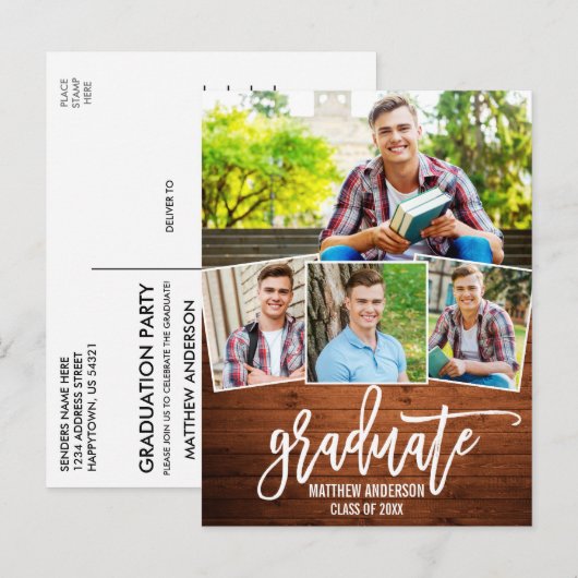 Borstel Script Wood 4 Foto Graduation Party Uitnodiging Briefkaart (Voorkant / Achterkant)