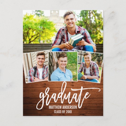 Borstel Script Wood 4 Foto Graduation Party Uitnodiging Briefkaart (Voorkant)