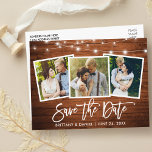 Borstel Script Wood Lights 3 Foto Opslaan van de d Briefkaart<br><div class="desc">Modern Brush Script,  rustieke houten en String Lights,  Save The Date Verloving Couple 3 Photo Briefkaart</div>