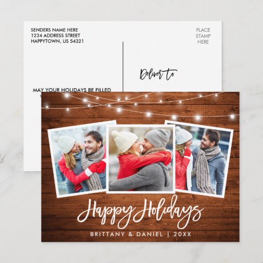 Borstel Script Wood Lights Holiday 3 Foto Briefkaart (Voorkant / Achterkant)
