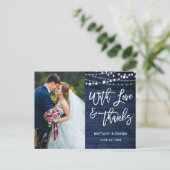 Borstelfont Roestig Blauw Hout Liefde Dank Trouwen Briefkaart (Staand voorkant)