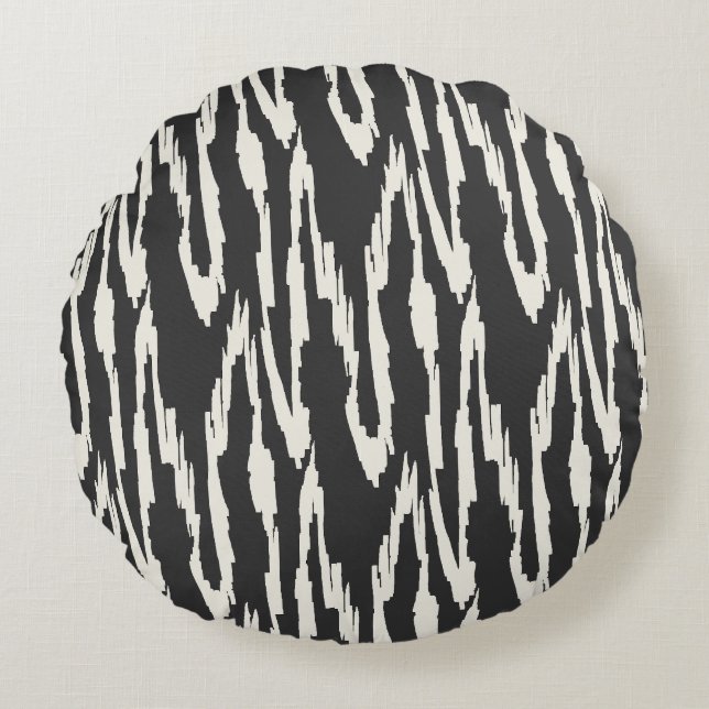 Borstelige Ikat  Houtskool & Witcreme Rond Kussen (Voorkant)