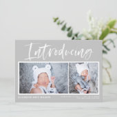 Borstelkalligrafie Grijze fotocollage geboorte Aankondiging (Staand voorkant)
