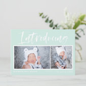 Borstelkalligrafie Mint Green Photo Collage Birth Aankondiging (Staand voorkant)