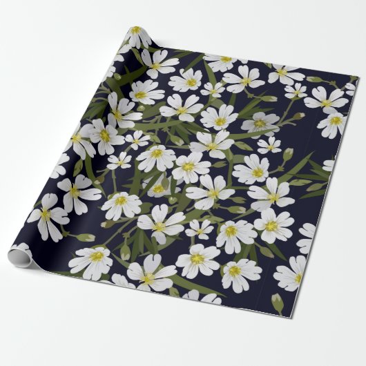 borstelloos bloempatroon met wit veld cadeaupapier (Uitgerold)