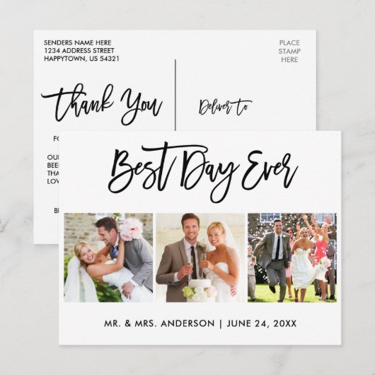 Borstelschrift Beste Dag Ooit Trouw 3 Foto Briefkaart (Voorkant / Achterkant)