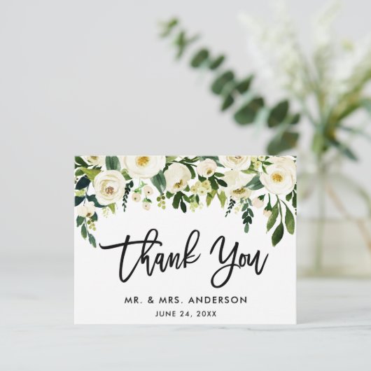 Borstelschrift Groen Witte Bloem Bruiloft Bedankt Briefkaart (Staand voorkant)