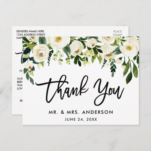 Borstelschrift Groen Witte Bloem Bruiloft Bedankt Briefkaart (Voorkant / Achterkant)