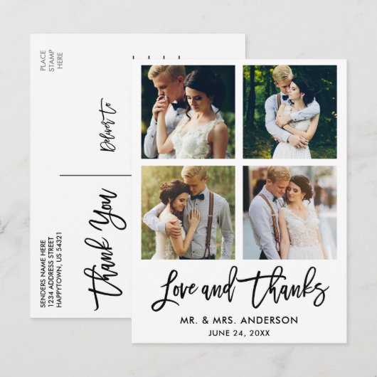 Borstelschrift Liefe en Dank Trouwdag 4 Foto Briefkaart (Voorkant / Achterkant)