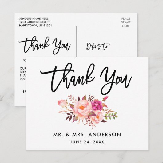 Borstelschrift Roze Bloemige Trouw Dankjewel Briefkaart (Voorkant / Achterkant)