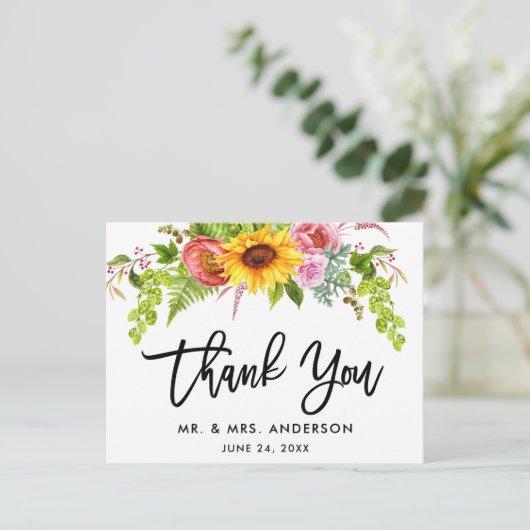 Borstelschrift Zonnebloem Bloemige Trouw Dank Je Briefkaart (Staand voorkant)